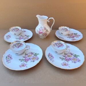 Vintage Schumann Arzberg "Wild Rose" pattern porcelain snack sets (4) & pitcher